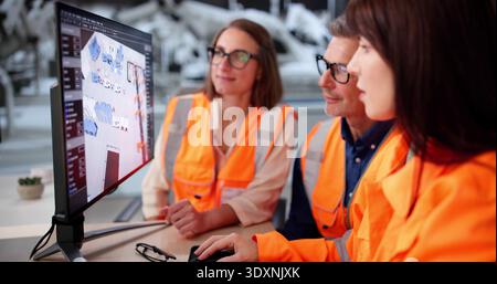 Expert Industrial Engineers Visualize Future Factory Layout With Innovative 3D Models Stock Photo