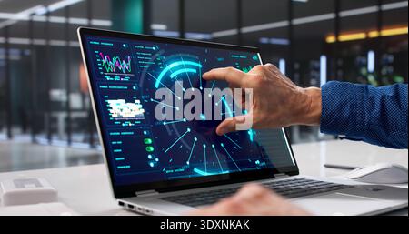 Man Analyzing Real-time Data On Futuristic AI Intelligence Dashboard Software. Professional Advisor Stock Photo