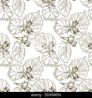Hazelnut seamless pattern. Square vector illustration with brown nuts and leaves. Stock Vector