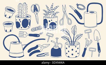 Hand drawn gardening tools and potted plants in blue outline style. Cute home gardening vector collection with watering can, scissors and planters for Stock Vector