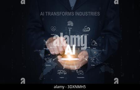 AI across all industries concept. Businessman with smartphone and icons of global digital transformation, industry 4.0, automation, disruption, and th Stock Photo