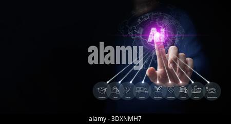AI across all industries concept. Finger touches glowing artificial intelligence globe with icons of education, retail, energy, logistics, agriculture Stock Photo