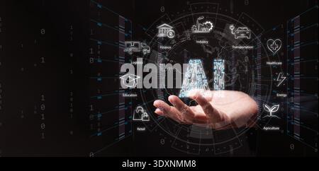 AI across all industries concept. Hand with AI circuit surrounded by industry sectors. Global digital transformation, industry 4.0, automation, disrup Stock Photo