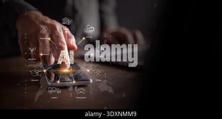 AI across all industries concept. Finger touch smartphone with artificial intelligence and sectors like education, retail, energy, logistics, agricult Stock Photo
