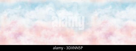 Pink clouds on blue sky, seamless pattern. Watercolor digital illustration. Delicate spring background of dawn or sunset, white and peach fluffy cloud Stock Photo