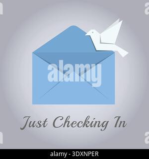 Greeting card illustration with a blue envelope and small paper bird above just checking in text Stock Vector