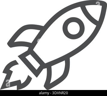 Black outline illustration of a rocket ship angled upward with flame at the base Stock Vector
