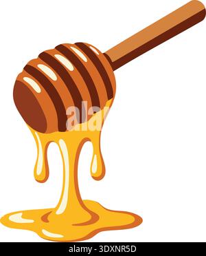 Flat illustration of a honey dipper stick with golden honey dripping downward Stock Vector