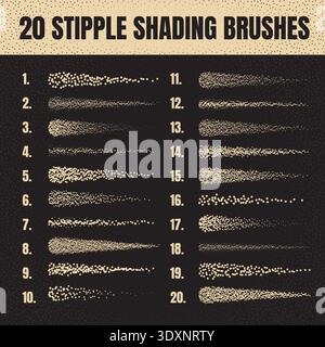 Ink scatter brush, stipple drawing and texturing. Fading gradient. Stippling, dotwork drawing, shading using dots. Halftone disintegration effect Stock Vector