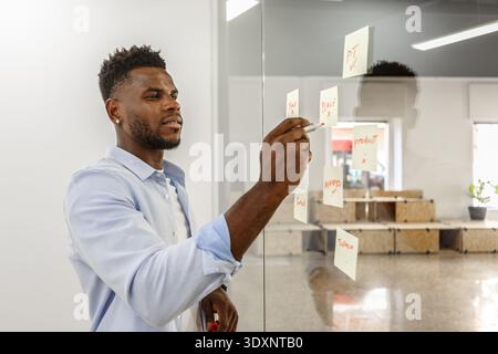 A man in a light blue shirt is focused on writing ideas on sticky notes attached to a glass wall in a contemporary office. The environment is bright a Stock Photo