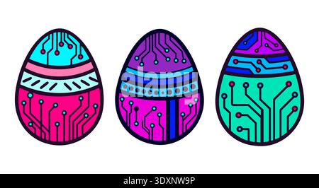 Cyberpunk Easter Egg Set with Digital Circuit Board Patterns Stock Vector