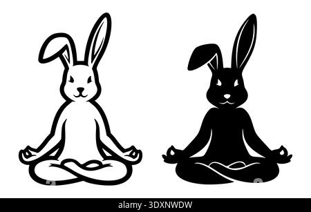 Zen Rabbit Illustration Set in Yoga Lotus Pose Silhouette and Outline Stock Vector