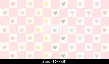 Pastel rainbow hearts pink gingham pattern. Retro hand-drawn checkerboard background with colorful heart icons. Cute aesthetic design for pride Stock Vector