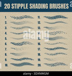 Ink scatter brush, stipple drawing and texturing. Fading gradient. Stippling, dotwork drawing, shading using dots. Halftone disintegration effect Stock Vector