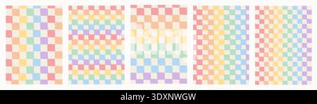 Retro pastel rainbow gingham pattern set. Hand drawn textured checkered squares in pride flag colors. Seamless geometric background for social media Stock Vector