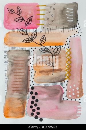 A handpainted abstract watercolor artwork featuring geometric and organic shapes in muted tones of brown, orange, pink and gray. The composition inclu Stock Photo