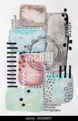 A handpainted abstract watercolor artwork featuring geometric and organic shapes in muted tones of brown, blue, green, pink and gray. The composition Stock Photo