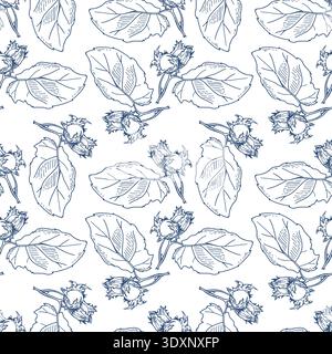 Hazelnut seamless pattern. Square vector illustration with nuts and leaves. Stock Vector