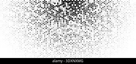 Hexagon halftone drips downward, calm mood. Cells fade, density drop top bottom. Topics technology, data. Use background, banner, website, slide Stock Vector