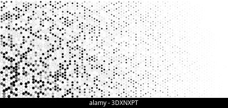 Hexagon halftone field, dense left, fade right. Honeycomb mosaic, tech vibe. Topics technology, data. Use background, banner, UI, cover, print Stock Vector