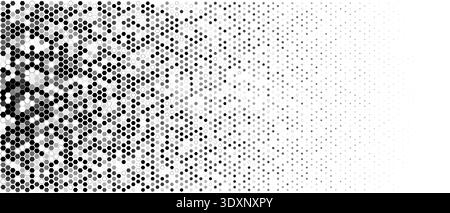 Abstract Halftone Hexagon Background, Monochrome Honeycomb Pattern Fading To Dotted Gradient With Copy Space On Right. Modern Geometric Tech Style Stock Vector