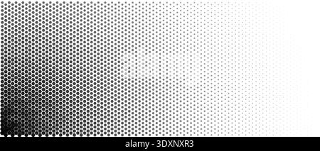 Abstract Halftone Hexagon Background, Monochrome Honeycomb Gradient Fading To Dots With Right Copy Space. Modern Minimal Geometric Tech Style. Vector Stock Vector
