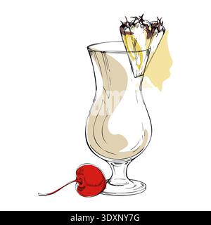 Pina Colada vector composition with pineapple wedge and cherry garnish. Clean gradient color accents, flat minimalist look. For tropical branding Stock Vector
