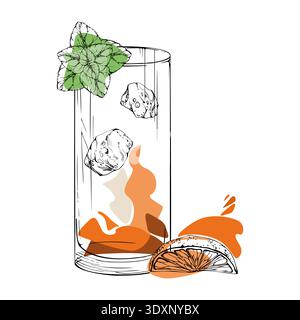 Classic Long Island cocktail with mint leaves on rim, orange juice splash, ice cubes hand drawn in ink. Golden vector palette with citrus accent Stock Vector