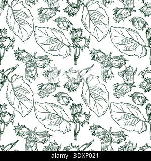 Hazelnut black and white seamless pattern. Square vector illustration with nuts and leaves. Stock Vector