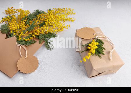 Spring sale mockup with envelope gift and price tag Stock Photo