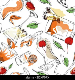 Tropical drink mix of cocktails, shots and lemonades, milkshakes. Cream, red orange seamless tile with citrus slices. Vector hand drawn pattern for Stock Vector