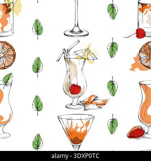 Warm seamless pattern with highball and martini iconic cocktails, creamy milkshakes, orange zest. Hand drawn seamless tile for summer tiki bar Stock Vector