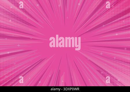 Pink comic book background. Pop art pink haltone explosion backdrop. Superhero design with radial burst rays and copy space. Stock Vector