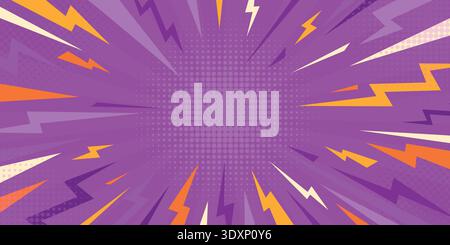 Comic pop art explosion background with thunder lightning. Anime superhero purple backdrop with yellow thunder flash. Stock Vector