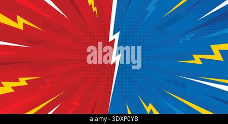 Versus comic book background. Red and blue vs pop art battle background with lightinings. Fighting split comic backdrop. Stock Vector