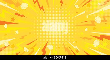 Comic explosion background. Yellow halftone radial pop art design with lightning, thunder, clouds and stars. Dynamic superhero action backdrop with Stock Vector
