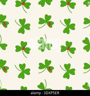 Shamrock or green clover leaf pattern, flat design background. Ladybug on shamrock. Symbol of good luck. St. Patricks Day symbols. Vector illustration Stock Vector