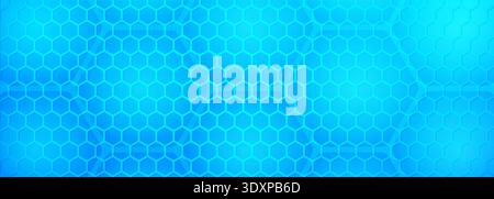 Blue hexagon pattern glowing abstract background, sci fi honeycomb grid with luminous cyan gradient and glossy metallic highlights, seamless texture Stock Vector
