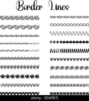 Hand Drawn Border Lines Decorative Dividers Doodle Pattern Set Collection Vector Illustration Black White Stock Vector
