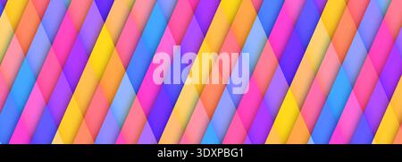 Bright colorful diagonal ribbon pattern abstract background with braided glossy bands in magenta yellow cyan and purple, high contrast dynamic rhythm Stock Vector