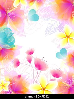 Spring blossom flying background with delicate pink flowers and plumeria. Hand drawn. Not AI, vector illustration. Stock Vector
