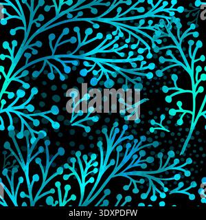 Seamless black background with blue neon flowers. Hand drawn. Not AI, vector illustration Stock Vector