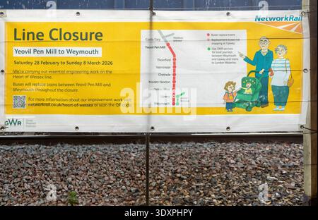 Heart of Wessex line closure notice poster Yeovil Pen Mill to Weymouth, GWR Great Western Railway, England, UK Feb- March 2026 Stock Photo