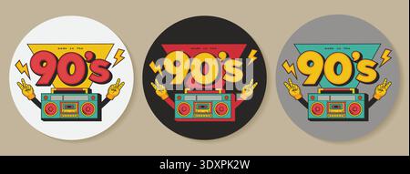 Retro ninety boombox sticker set with round badges vector illustration. Stock Vector