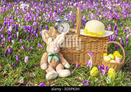 Easter time when the  clocks go forward in Springtime with an Easter Bunny, colourful eggs, chicks and Easter bonnet on a traditional wicker picnic ba Stock Photo