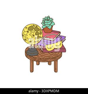 Cozy lifestyle scene with books and moon lamp on bedside table. Hand drawn line art peaceful home still life Stock Vector