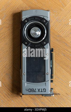 Gothenburg, Sweden - March 27 2021: Top view of a Zotac GTX 780Ti graphics card. Stock Photo