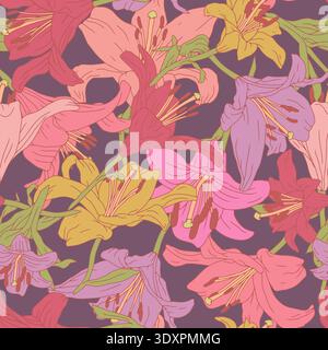 Vintage seamless pattern with hand drawn lily flowers on dark purple background. Boho floral repeat wallpaper Stock Vector