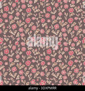 Ditsy floral seamless pattern on brown background. Hand drawn vintage backdrop with tiny pink flowers. Cottagecore texture Stock Vector