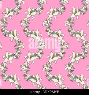 Hand drawn white line art lily flowers wave vine vintage seamless pattern with pink background Stock Vector